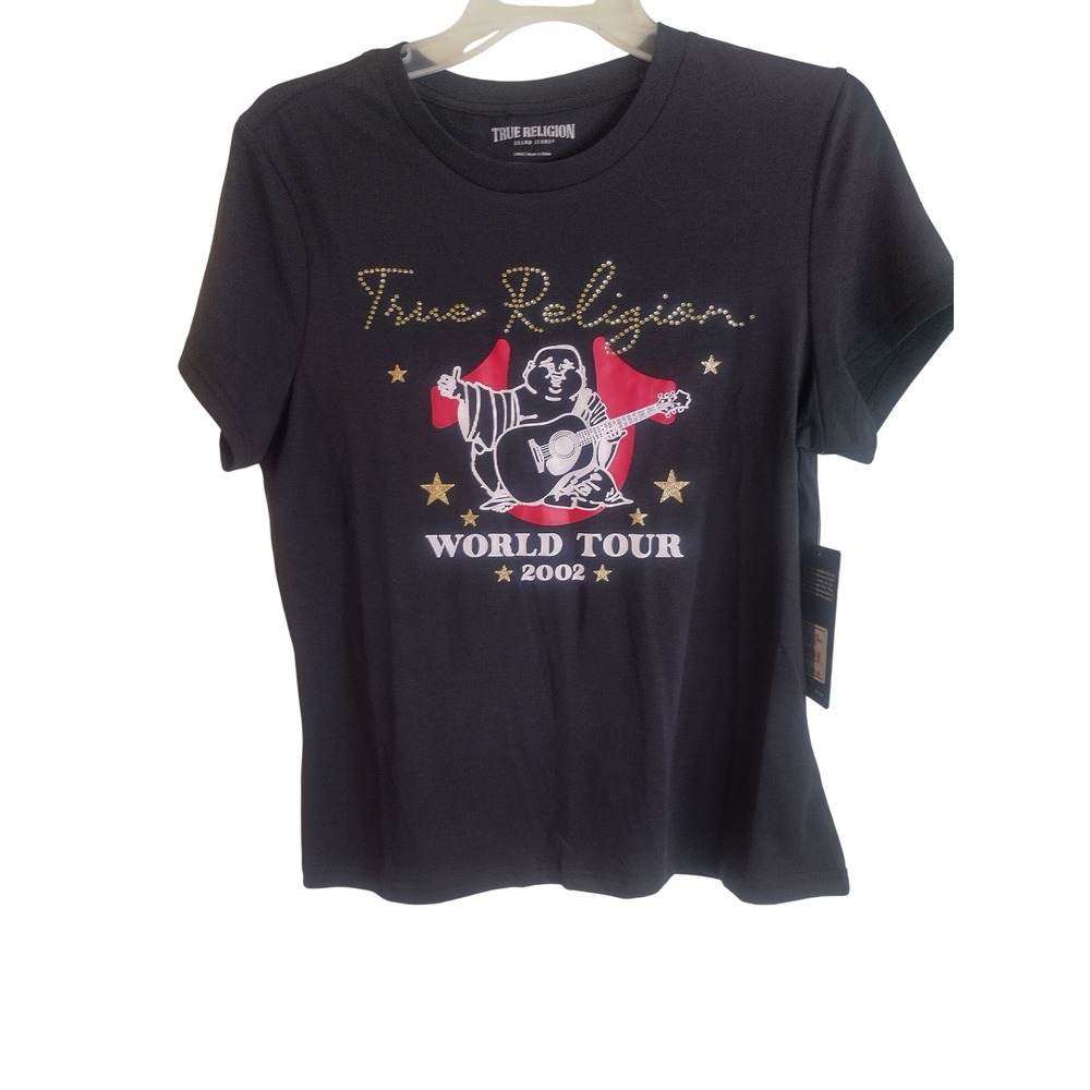True Religion Star Buddha Crew Neck Tee Jet Black World Tour 2002 Studded Large